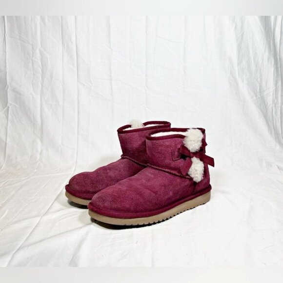 Koolaburra by Ugg Burgundy Suede Sherpa Victoria Mini Bow Booties Ankle Boots~7~ - Picture 1 of 6